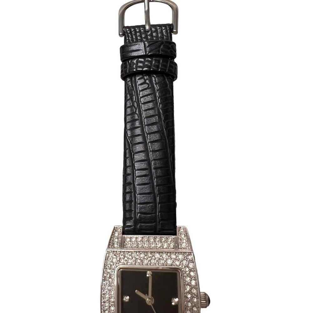 Vintage Women's Watch Black Band Faux Leather Rhinestone Bezel Black Dial - Picture 9 of 16